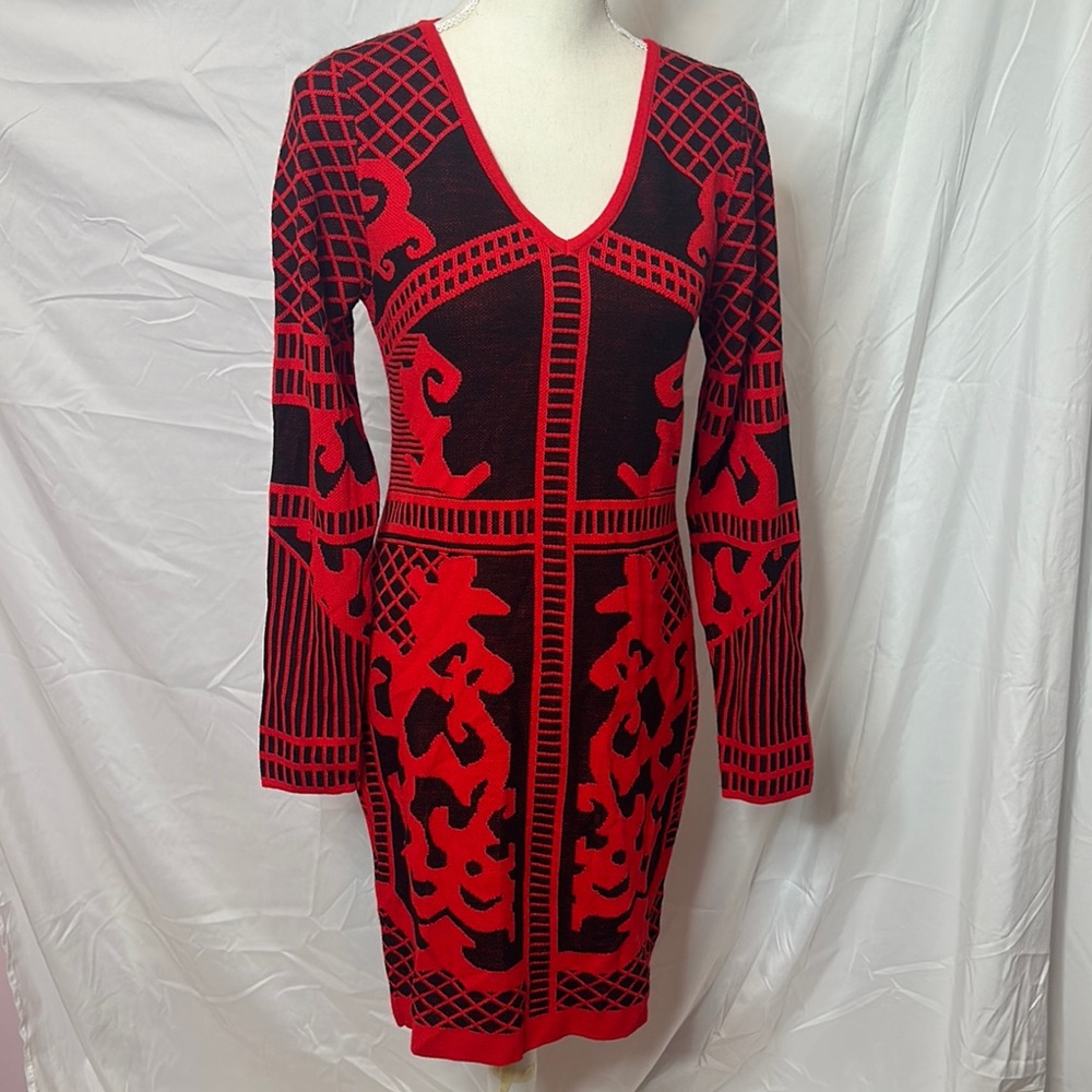 VENUS Red and Black Long Sleeve Bodycon Sweater Knit Dress